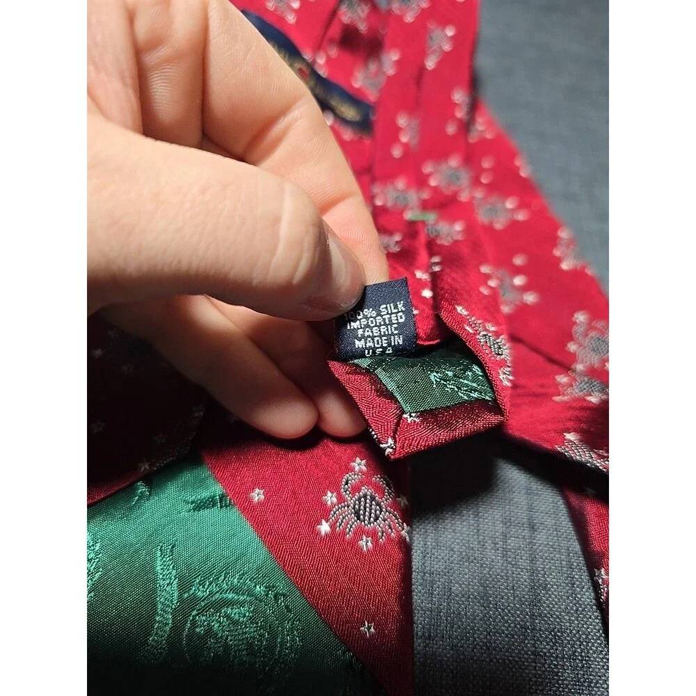 Vintage Tommy Hilfiger Astrology Cancer Crab & Stars Red Tie 100% Silk Witchy